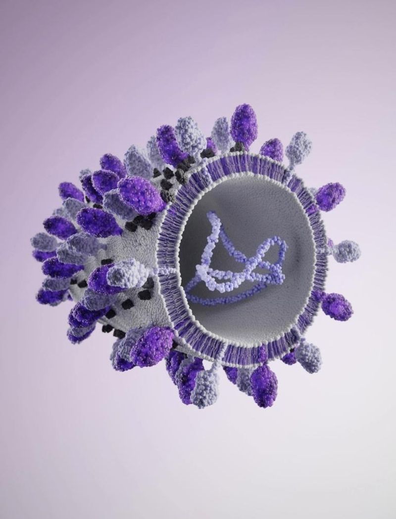 A microscopic illustration of a spherical form, with a cutaway section revealing its internal structure. The outer surface is covered with purple and white structures, and inside, a purple strand of molecules is visible.