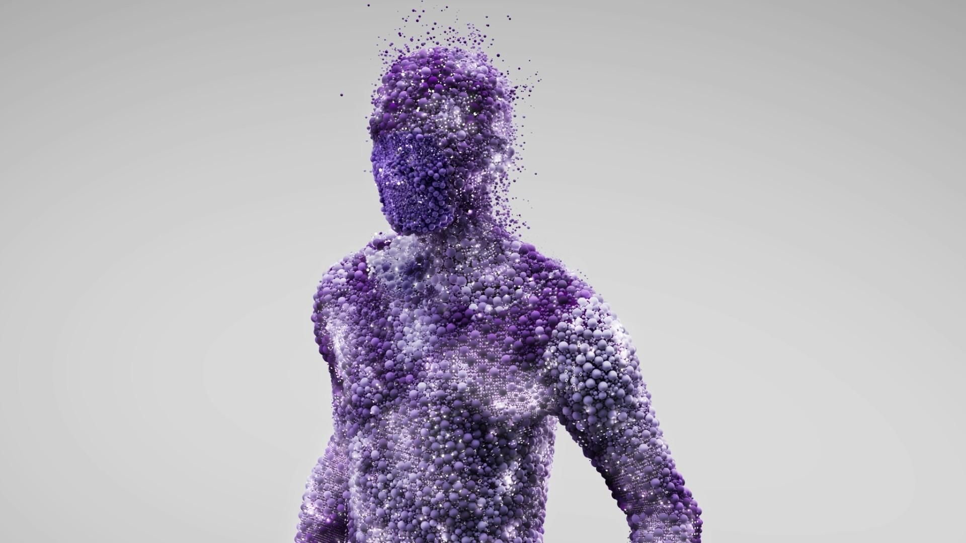 An abstract human-like figure composed of small purple molecules, with some molecules appearing to dissipate from the head and shoulders, set against a light grey background.​