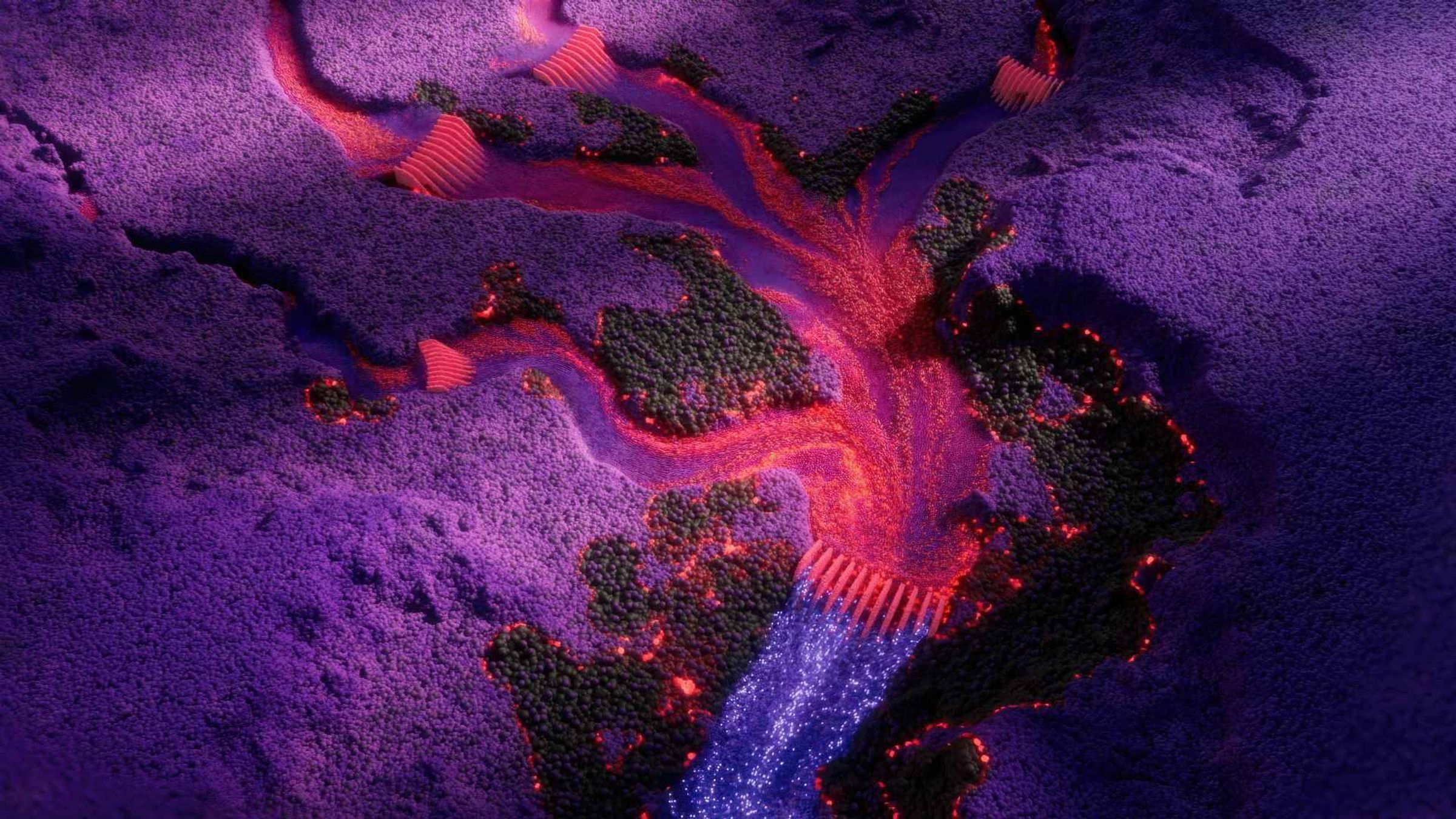 Une illustration microscopique représentant des structures moléculaires violettes, chacune dotée de trois appendices en forme de doigts, interagissant entre deux surfaces texturées et granulaires. Les structures varient par leur forme et leurs nuances de violet, et sont constituées de petites molécules.