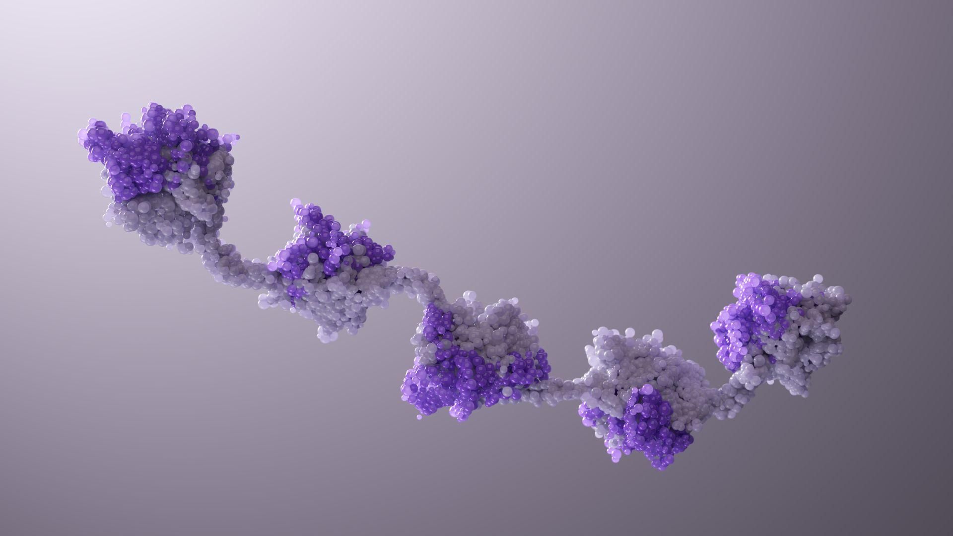 3D molecular model of a NANOBODY® molecule showing purple and gray spheres connected by bonds against a gradient background