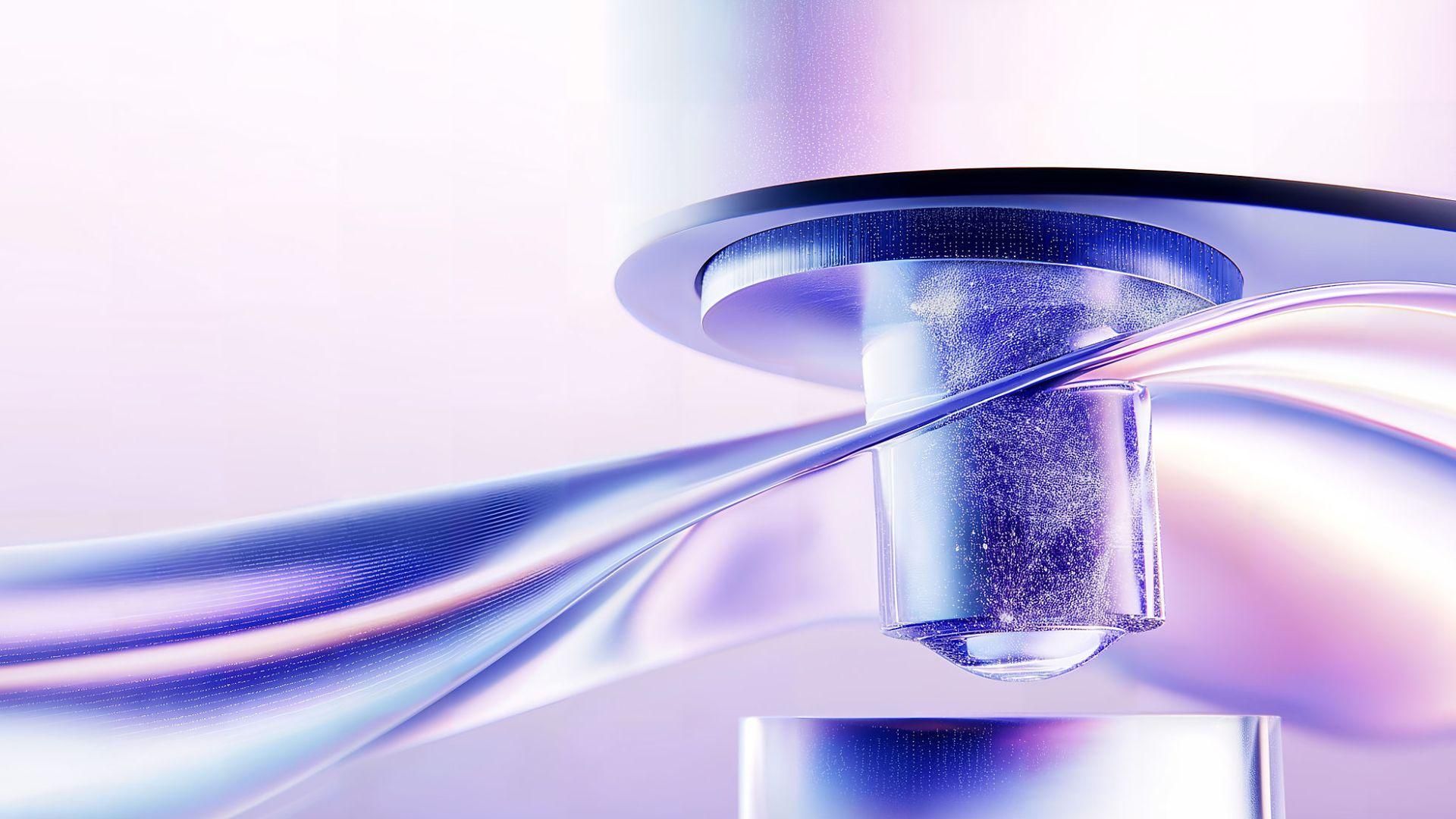 Futuristic conceptual illustration of a transparent cylindrical tube filled with shimmering blue liquid, connected to a polished metallic platform by a curved arm, set against an abstract swirling purple and blue gradient background — representing AI-driven science and R&D innovation.