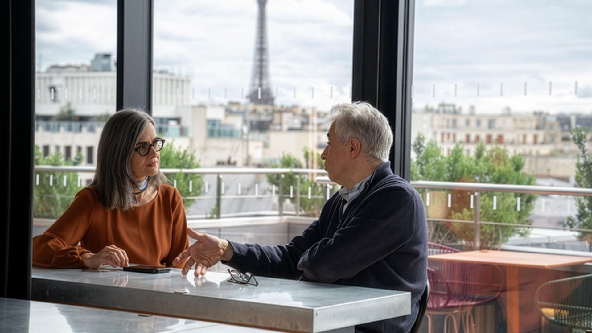 Two people sitting at a table indoors with a view of the Eiffel Tower through large windows in the background.