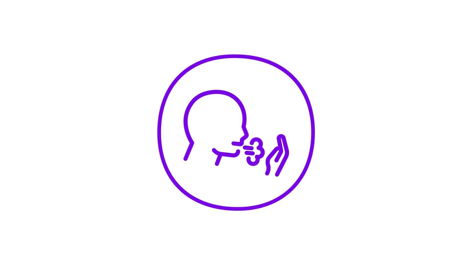 Stylized purple outline of a person coughing or experiencing respiratory symptoms, shown in profile within a circular frame.