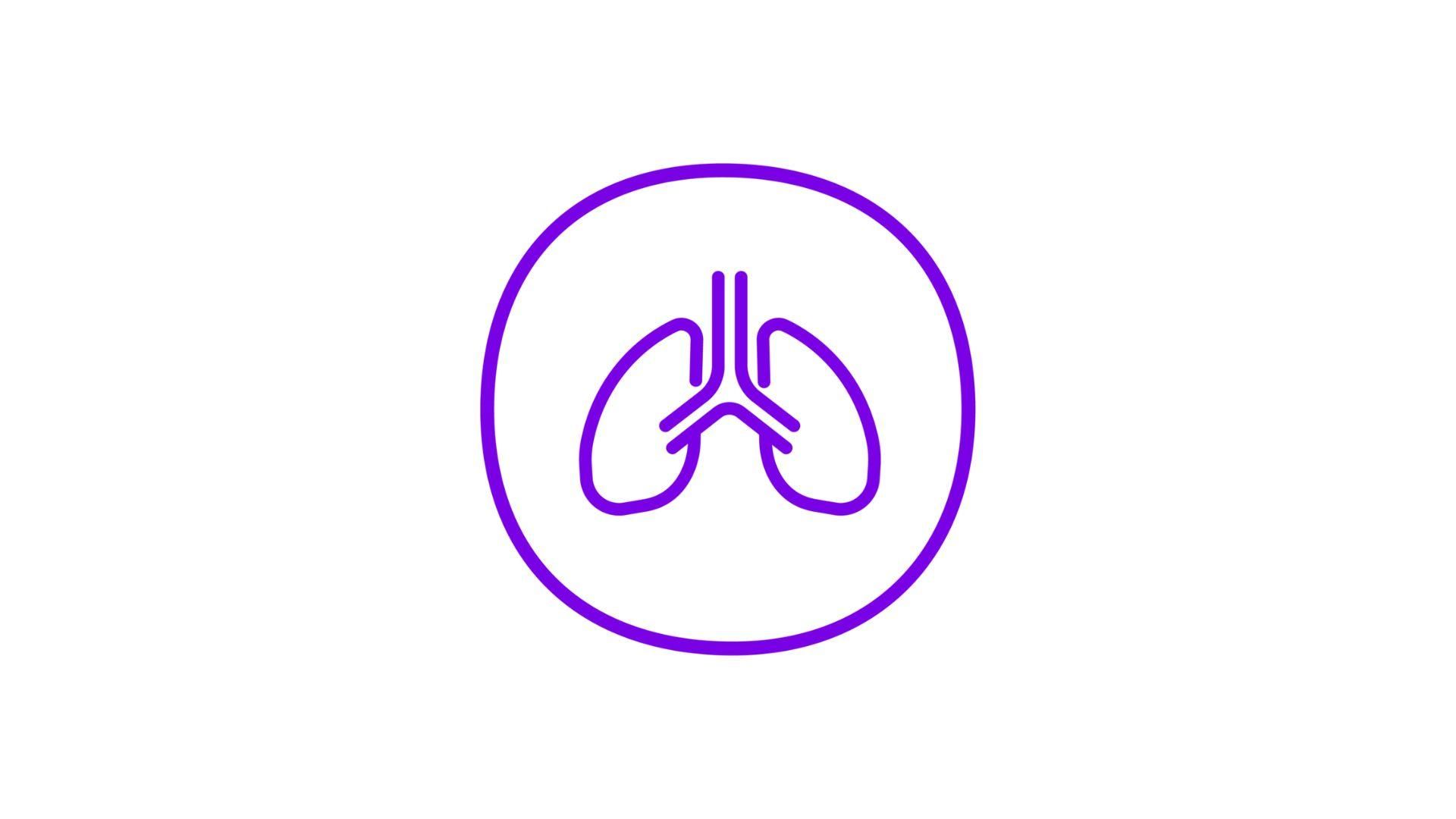 Purple circular icon with stylized lungs symbol, representing respiratory health and lung function.