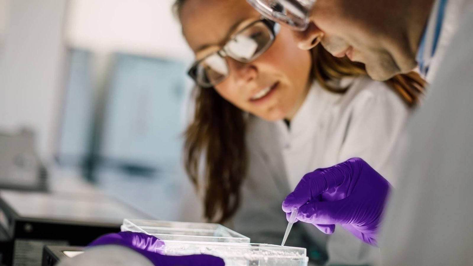 Two scientists wearing safety goggles and gloves, using a pipette to transfer a sample into an analysis plate.