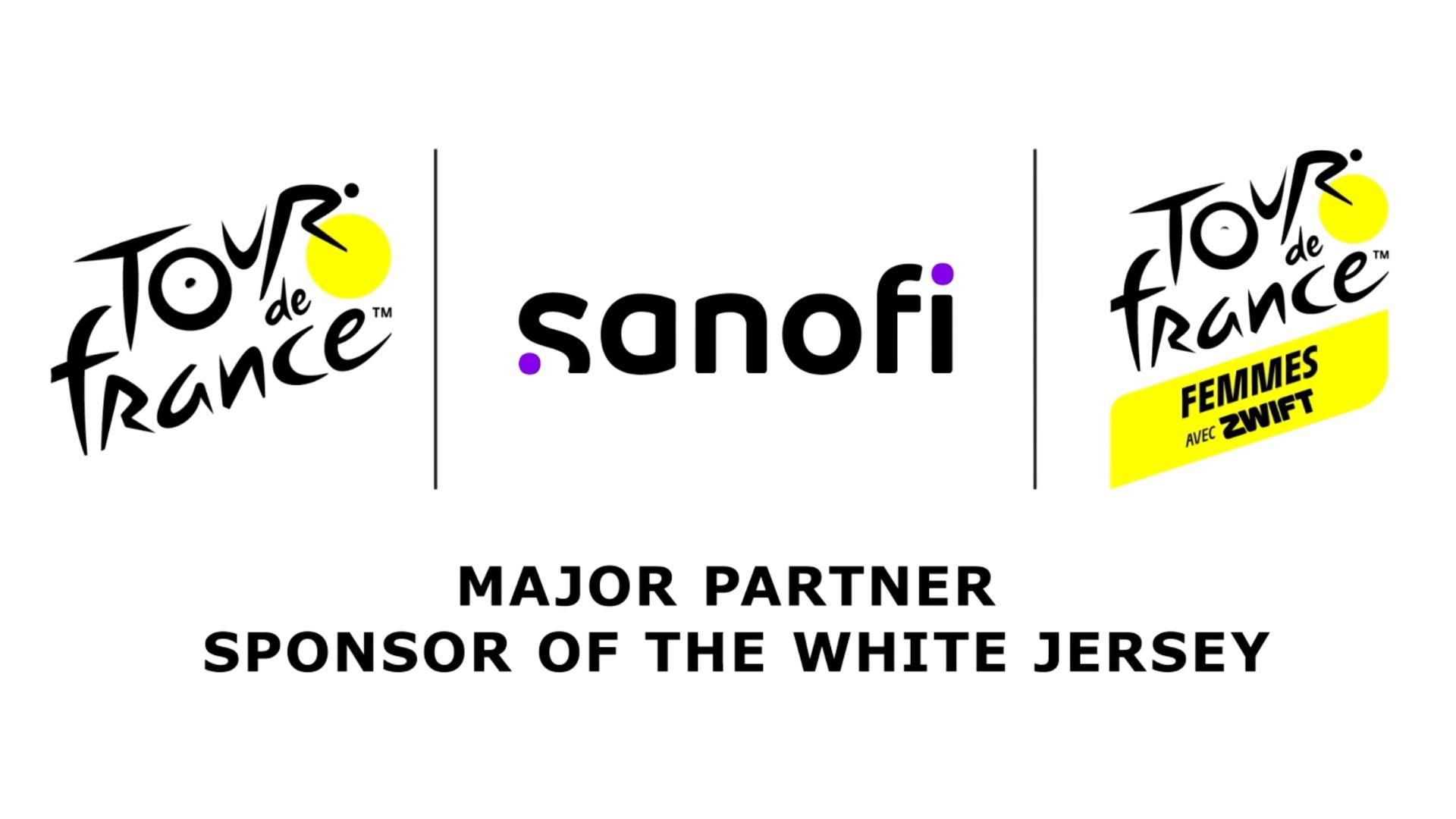 Tour de France logo followed by Sanofi logo, and then the Tour de France Femmes avec Swift logo. Sanofi is Major Partner and Sponsor of the white jersey