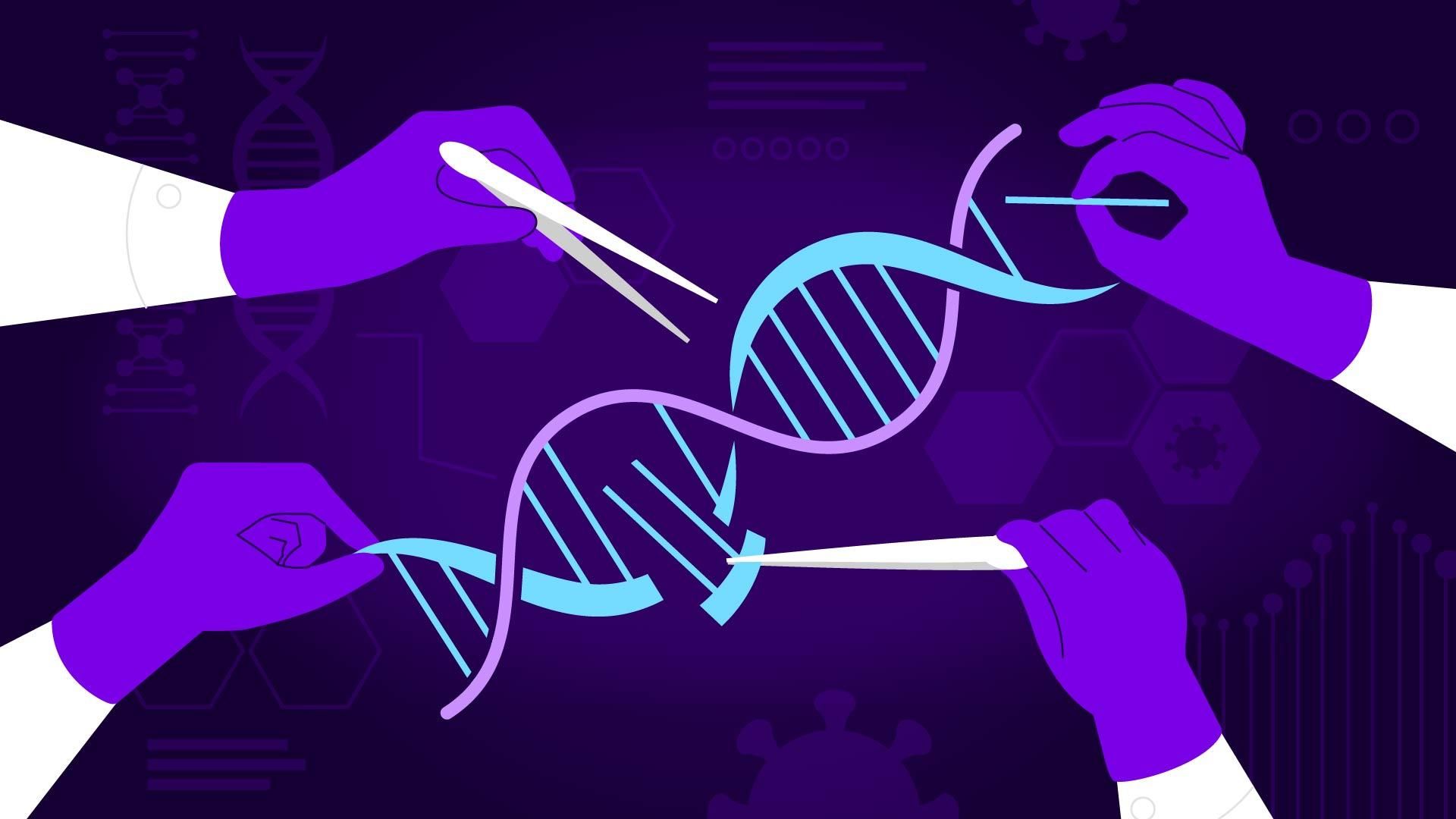 Illustration of scientists’ gloves using tools to modify a strand of mRNA