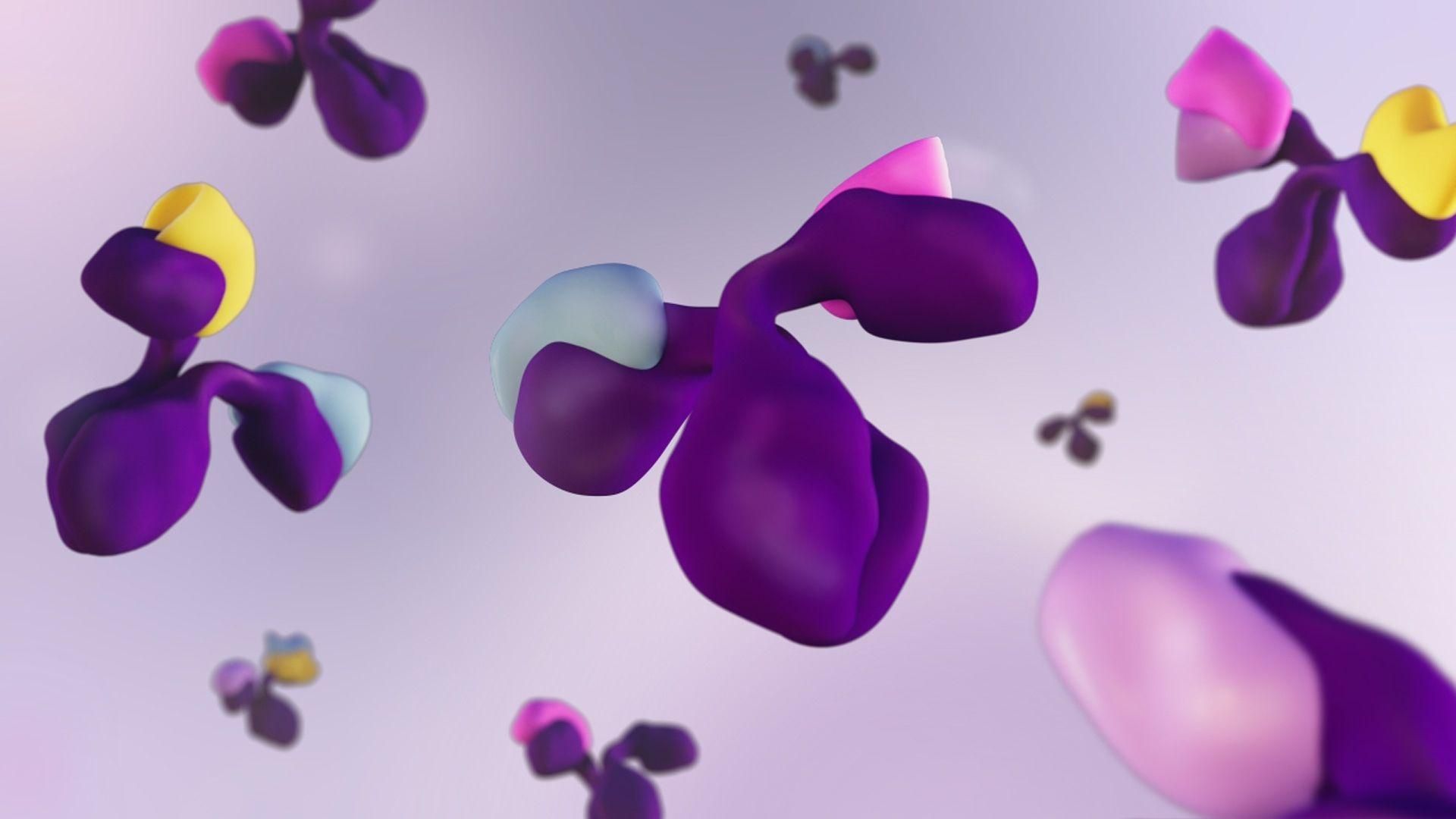 close-up, high-tech conceptual 3D render of a bispecific antibody molecule binding to two distinct, colorful cellular target receptors simultaneously. 