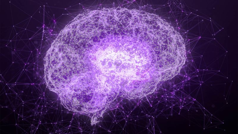 Illustration of a glowing purple digital brain surrounded by a network of interconnected nodes and lines, symbolizing neural networks or data flow.