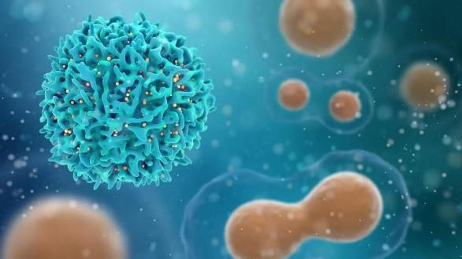 Scientific visualization of a large blue cell with yellow dots, surrounded by other cells on a blue background