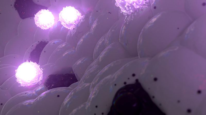 Close-up of glowing cells on purple background viewed through microscope