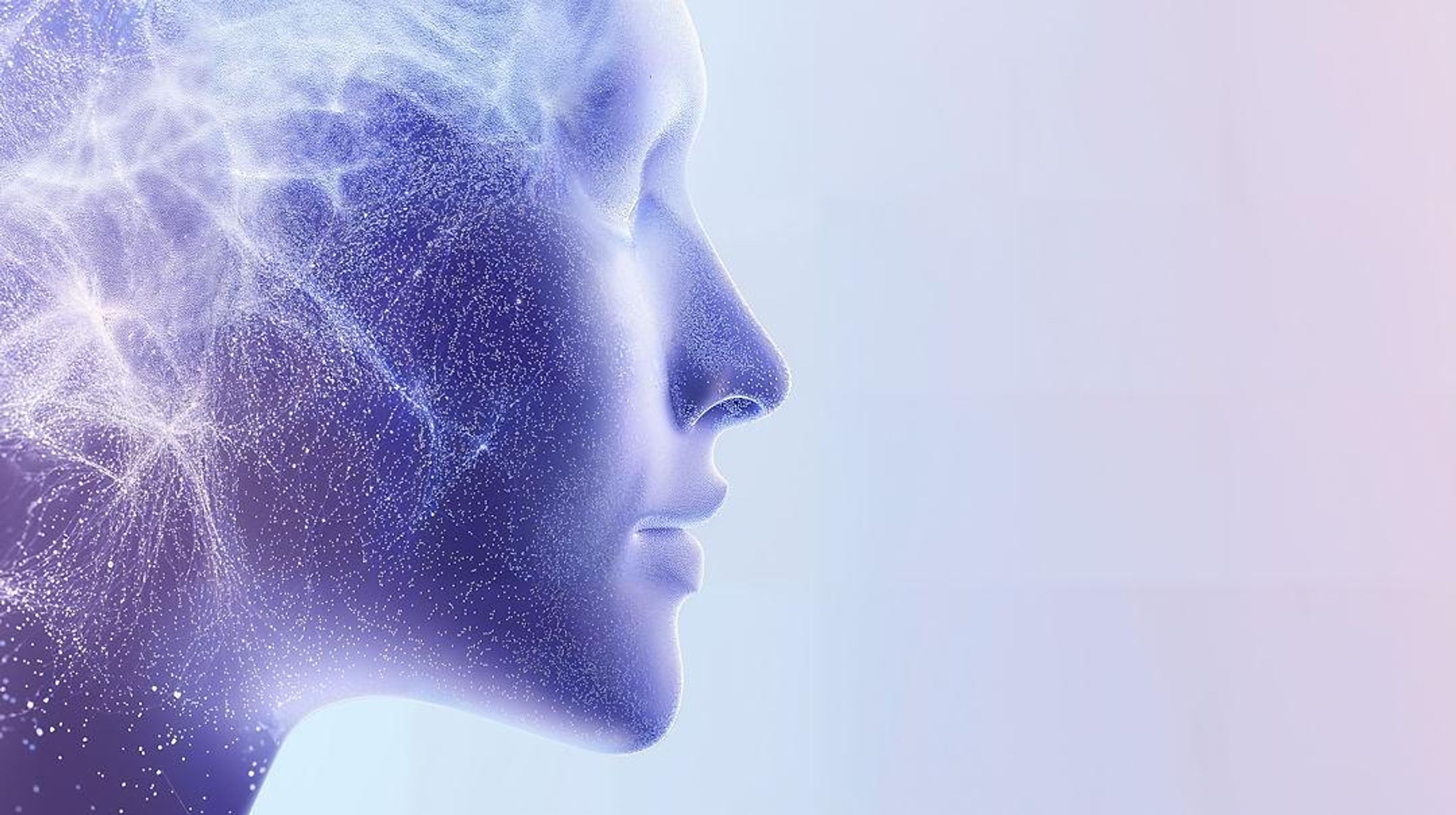 Stylized blue human head profile with abstract neural network connections on gradient background