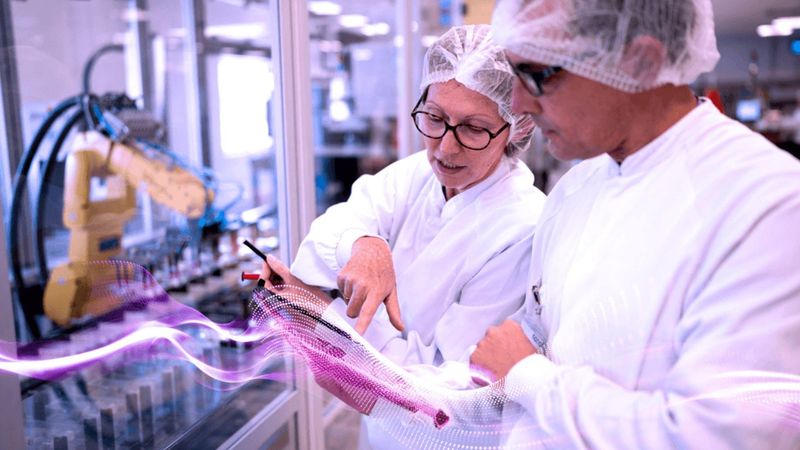 Sébastien Duhamel, Technician, and Marjorie Lecomte, Manager, Manufacturing Science and Analytical Technology (MSAT), Le Trait, France, in a lab setting wearing lab coats and hairnets, inspecting equipment and reviewing data on a tablet, with digital overlays indicating data flow