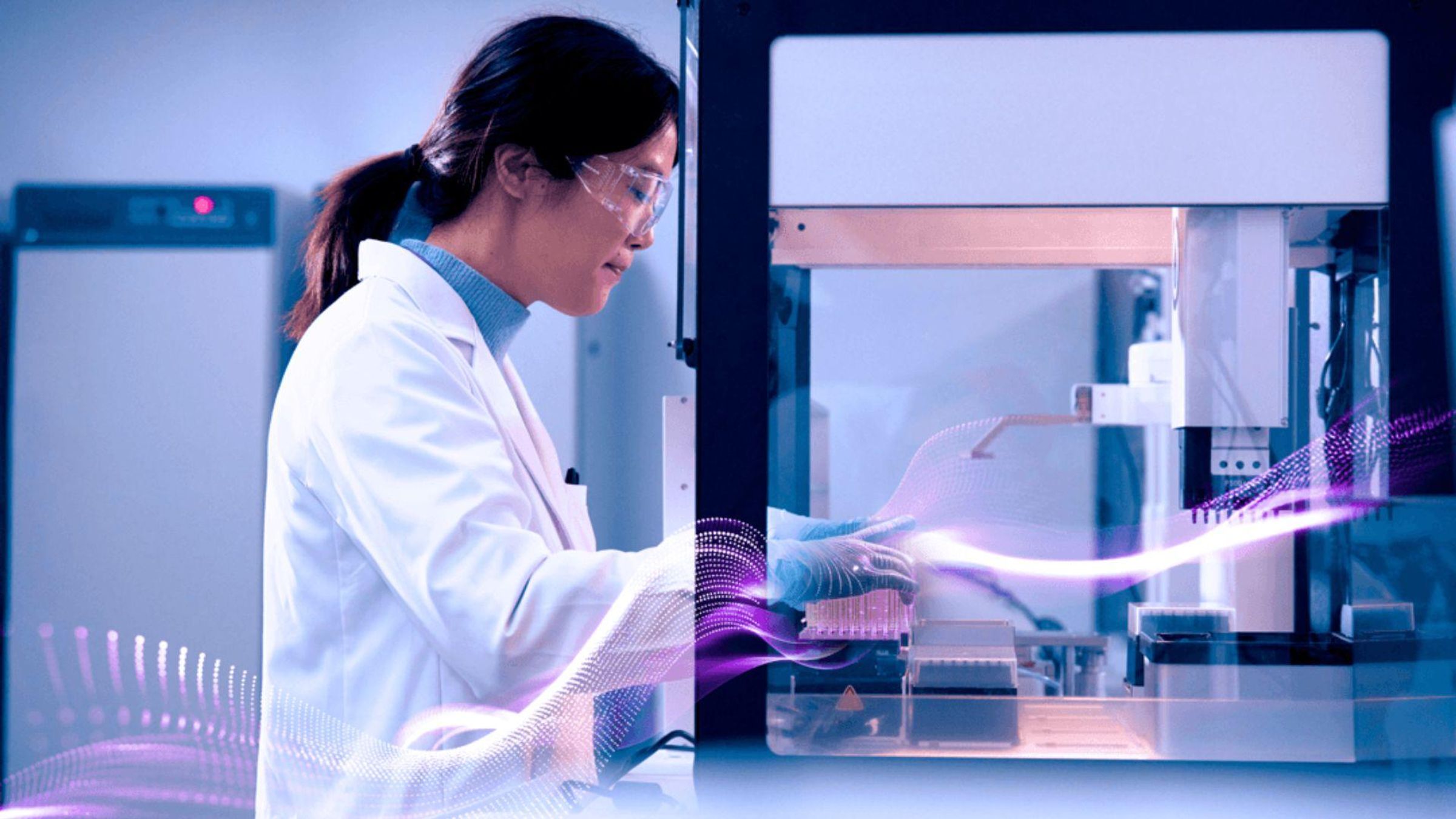 Scientist working in a lab with purple wave digital overlay
