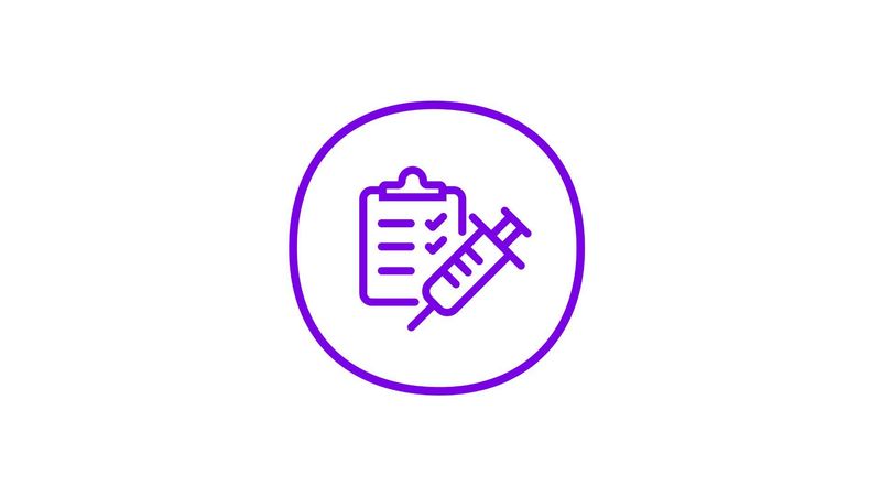 Purple dot containing an icon representing clinical trial with a syringe and document