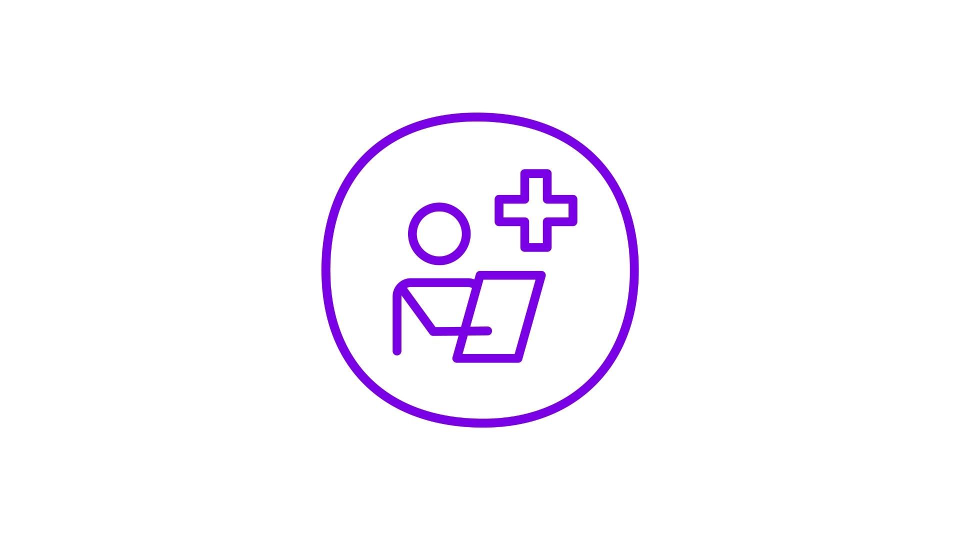 A purple icon of a person holding a medical document, with a medical cross sign nearby, surrounded by a purple circle 