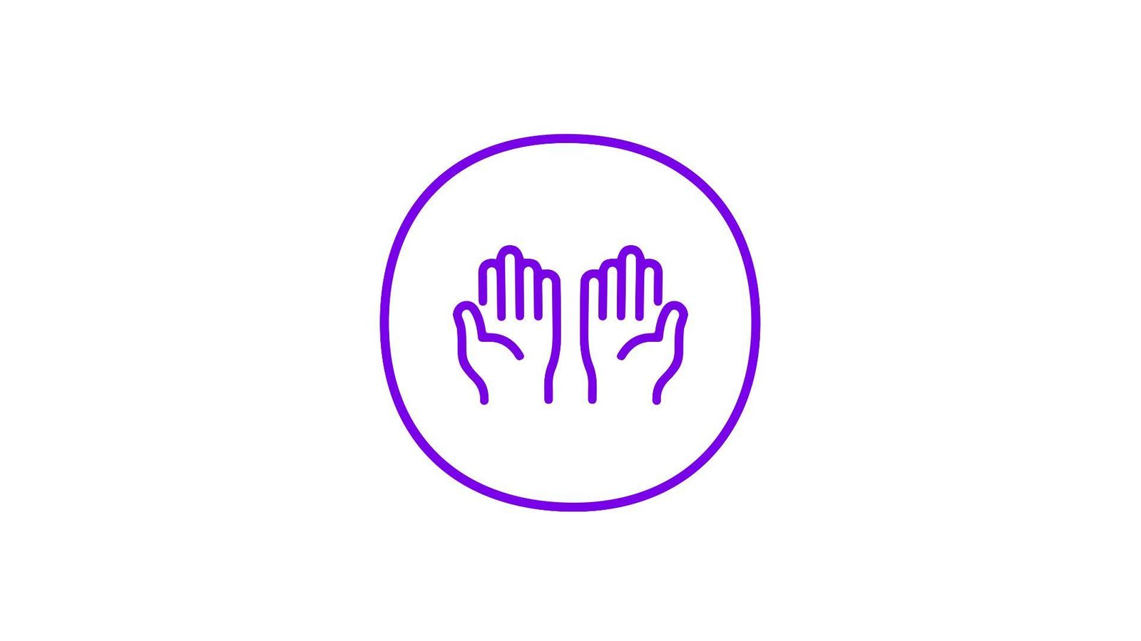 A minimalist purple circular icon featuring two stylized open hands with palms facing upward and fingers spread apart