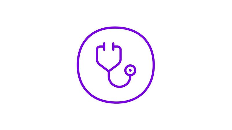 A simple, stylized icon of a medical stethoscope in solid purple. The design shows two earpieces connected by a tube, ending in a small circular chest piece. The icon is set against a plain white background.