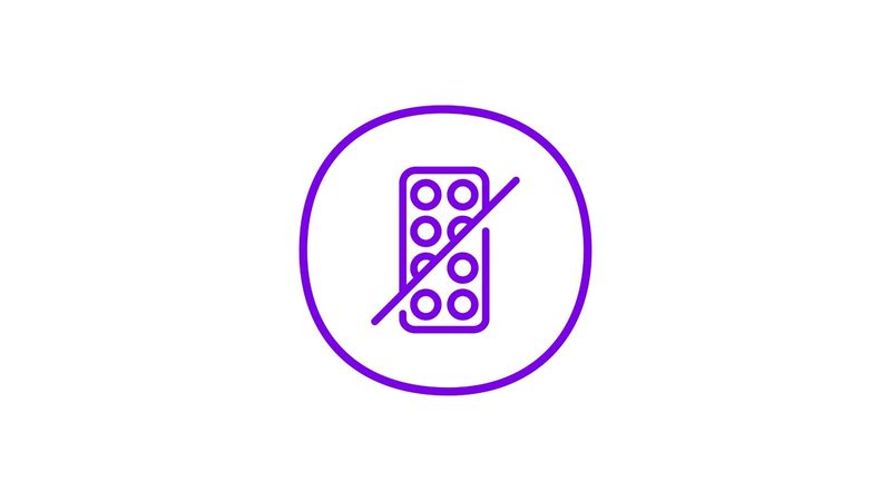 A purple icon of a tablet blister pack, crossed out by a diagonal line, surrounded by a purple circle