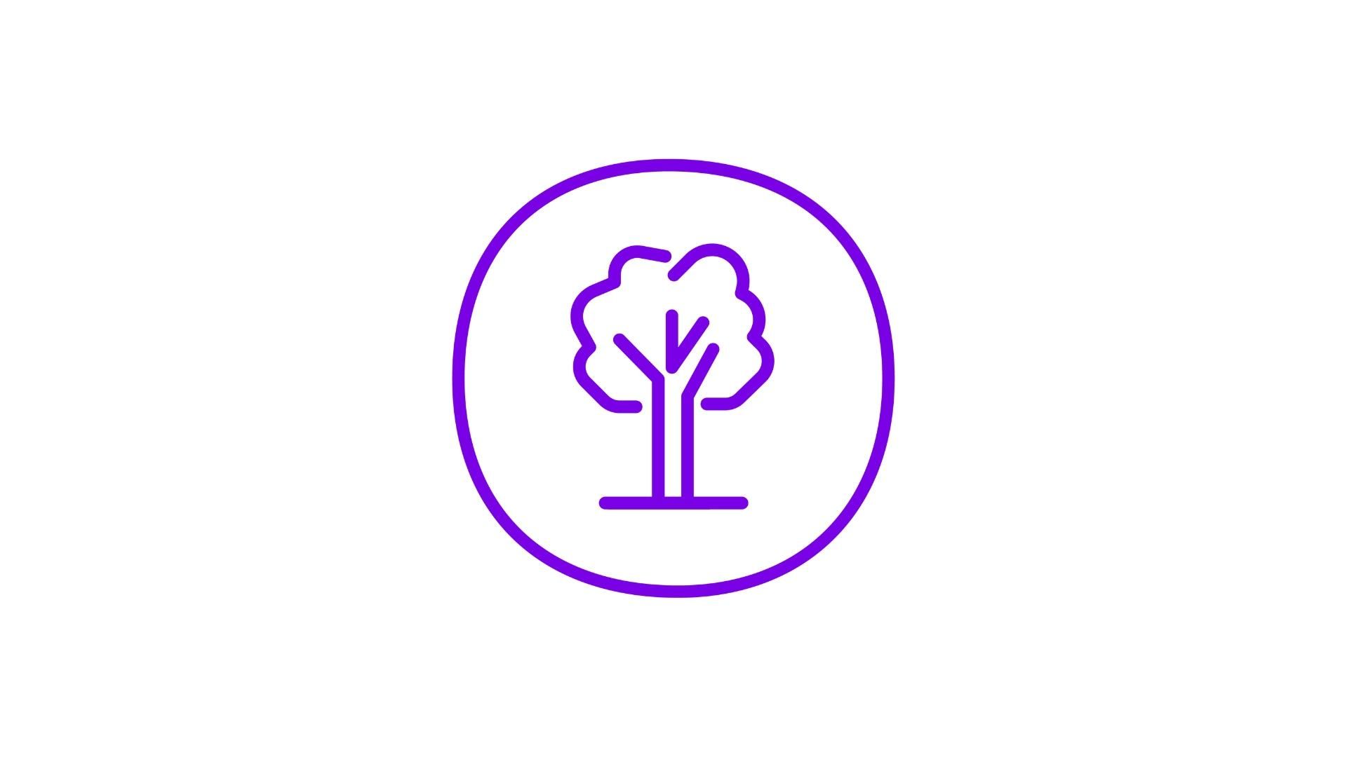 A purple icon of a tree with a thin trunk and horizontal lines representing branches, surrounded by a purple circle 